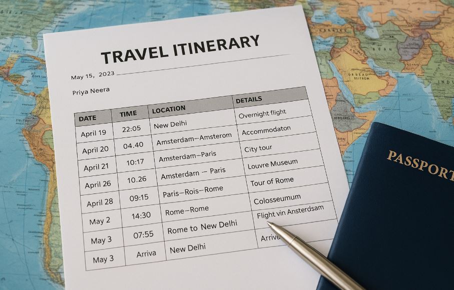 Clean Travel Itinerary for Schengen Visa Application from India A clean and simple travel itinerary sheet placed on a world map with a passport and pen, showing realistic travel plans for a Schengen visa application from India.