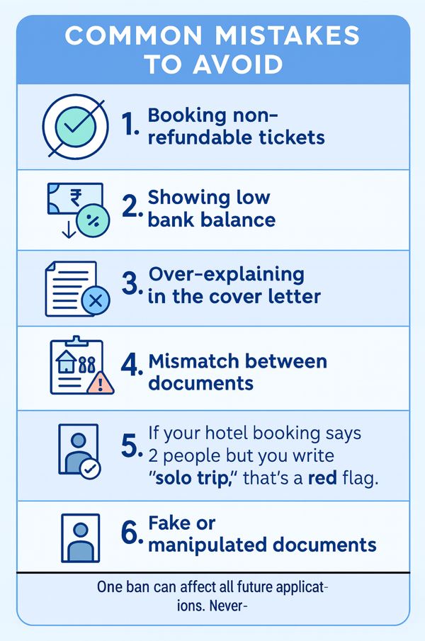 Common Mistakes to Avoid When Applying for a Schengen Visa from India Infographic showing common mistakes to avoid in a Schengen visa application from India, including non-refundable tickets, low bank balance, cover letter issues, document mismatch, and avoiding fake documents.