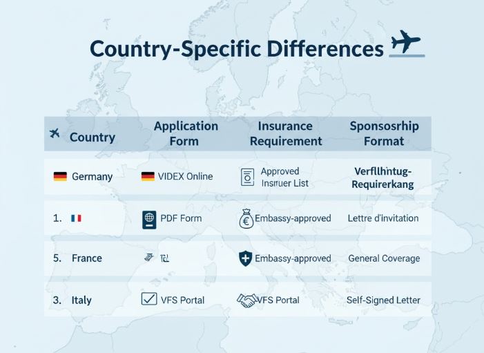 Country-Specific Differences in Schengen Visa Requirements – Germany vs France vs Italy (2025) Comparison of Schengen visa document requirements across Germany, France, and Italy, showing differences in application forms, insurance rules, and sponsorship formats.