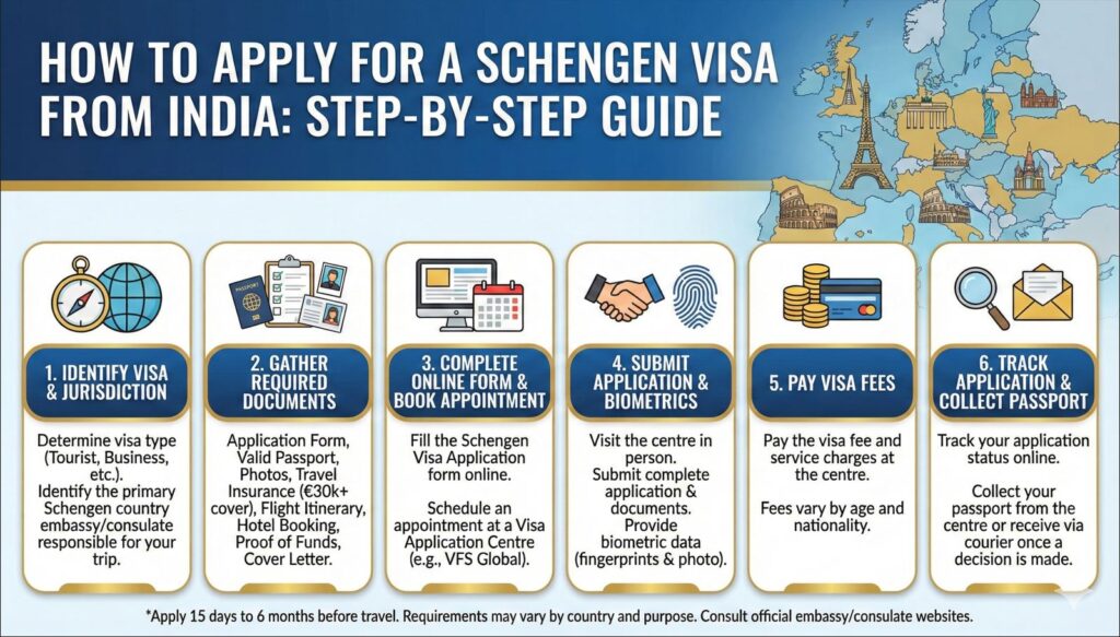 How to Apply for Schengen Visa from India - Step-by-Step Banner Banner showing the headlines of the 6 key steps on how to apply for a Schengen visa from India, including document gathering and biometric submission.