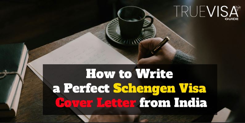 Traveler writing Schengen visa cover letter at desk with passport, pen, and coffee mug