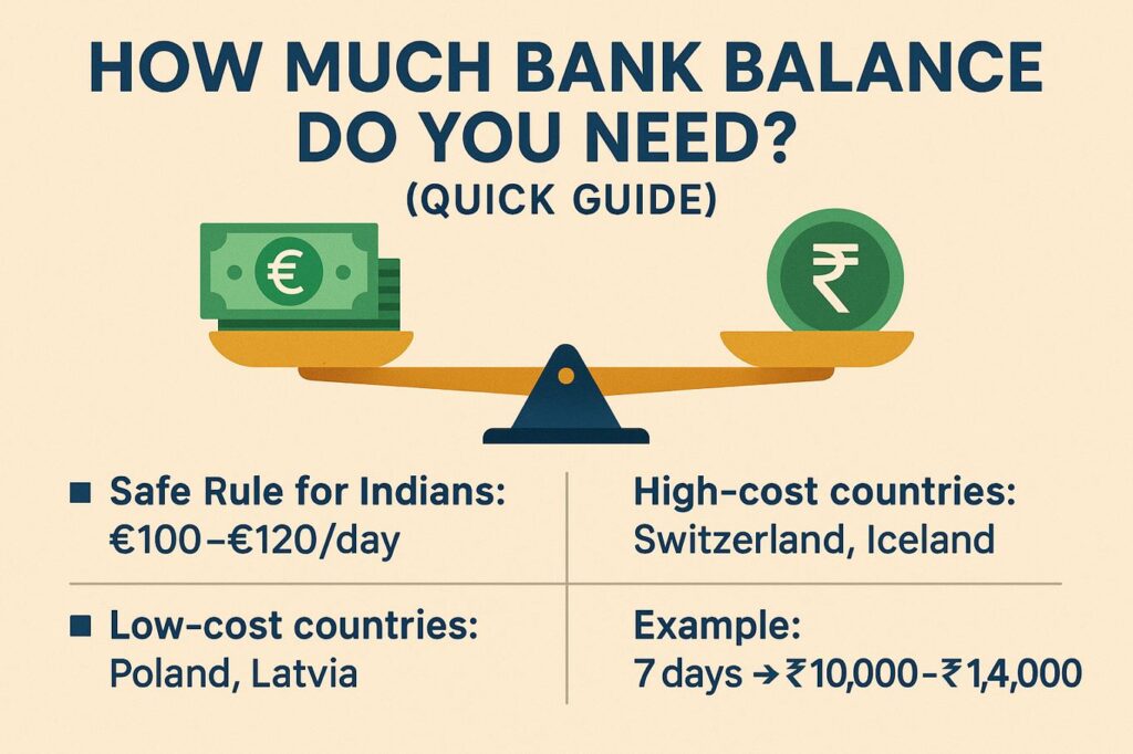 Schengen Visa Bank Balance Calculator – Quick Guide for Indian Travelers Infographic showing Schengen visa bank balance requirements with daily cost rule, high-cost and low-cost countries, and a 7-day example calculation