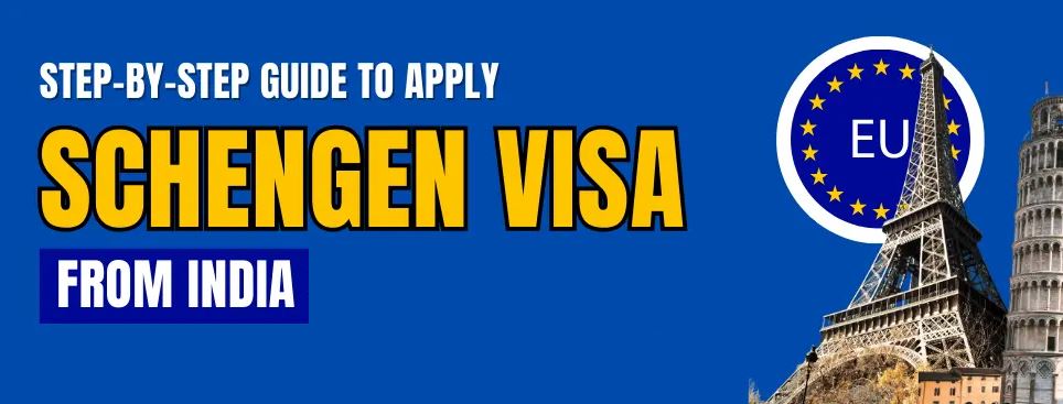 Step-by-Step Guide to Apply Schengen Visa from India Step-by-step guide to apply Schengen visa from India with European landmarks and EU emblem