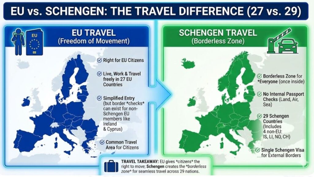 A visual comparison map showing the difference between the European Union (27 political members) and the Schengen Area (29 passport-free travel countries), highlighting open borders and travel freedom.