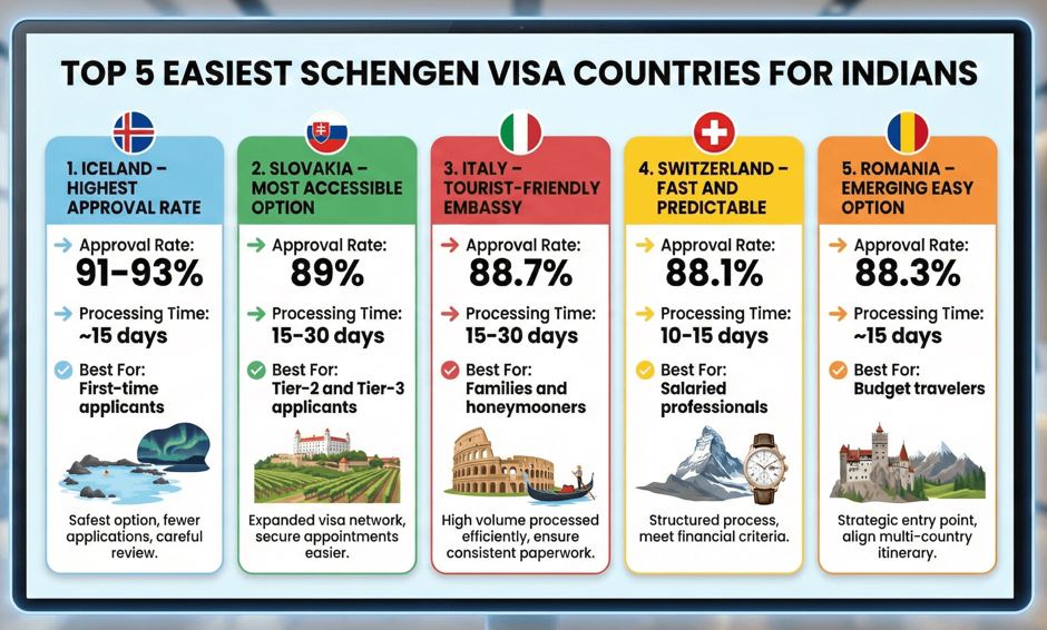 Top 5 Easiest Schengen Visa Countries for Indians 2026 (Approval Rates & Processing Time) top 5 easiest Schengen visa countries for Indians in 2026 with approval rates and processing times