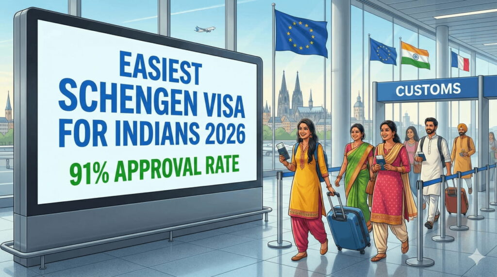 Easiest Schengen Visa for Indians 2026 with High Approval Rate Indian travelers at airport customs with EU flags highlighting easiest Schengen visa countries for Indians in 2026 with high approval rates