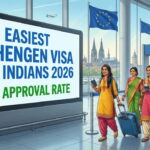 Indian travelers at airport customs with EU flags highlighting easiest Schengen visa countries for Indians in 2026 with high approval rates