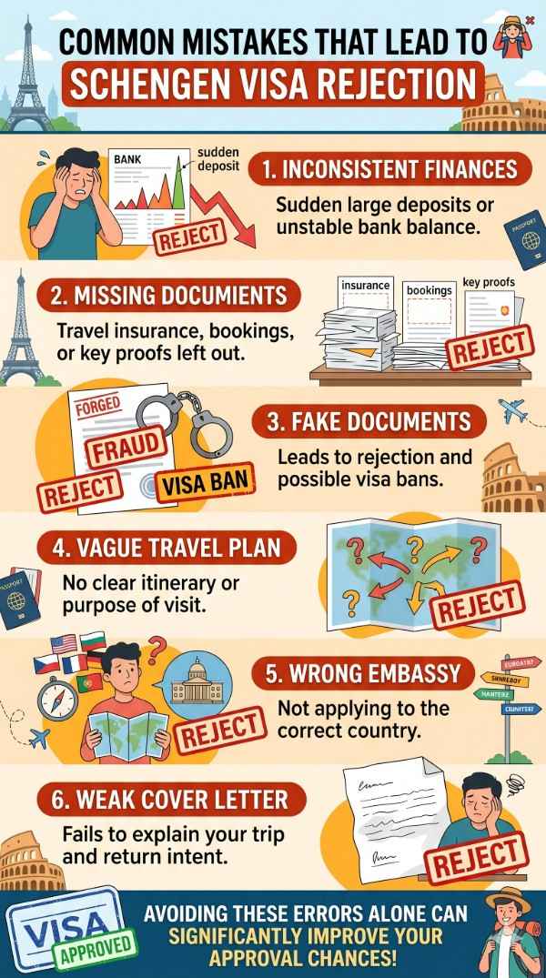 Schengen visa rejection reasons infographic: inconsistent finances, missing documents, fake documents, weak cover letter