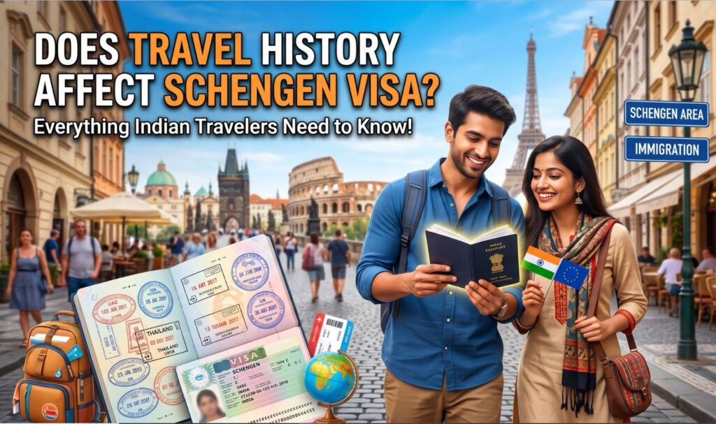 Indian couple with passport and Schengen visa stamps in front of European landmarks like the Eiffel Tower and Colosseum.