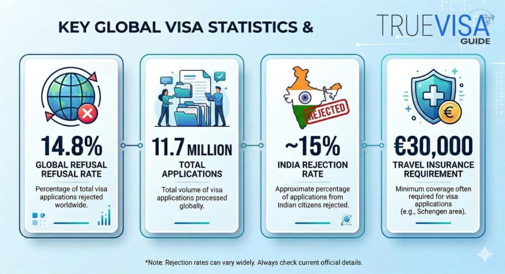 Global Visa Statistics 2026 – Rejection Rates, Applications & Insurance Requirements Infographic showing global visa statistics including 14.8% refusal rate, 11.7 million applications, India visa rejection rate and Schengen travel insurance requirement