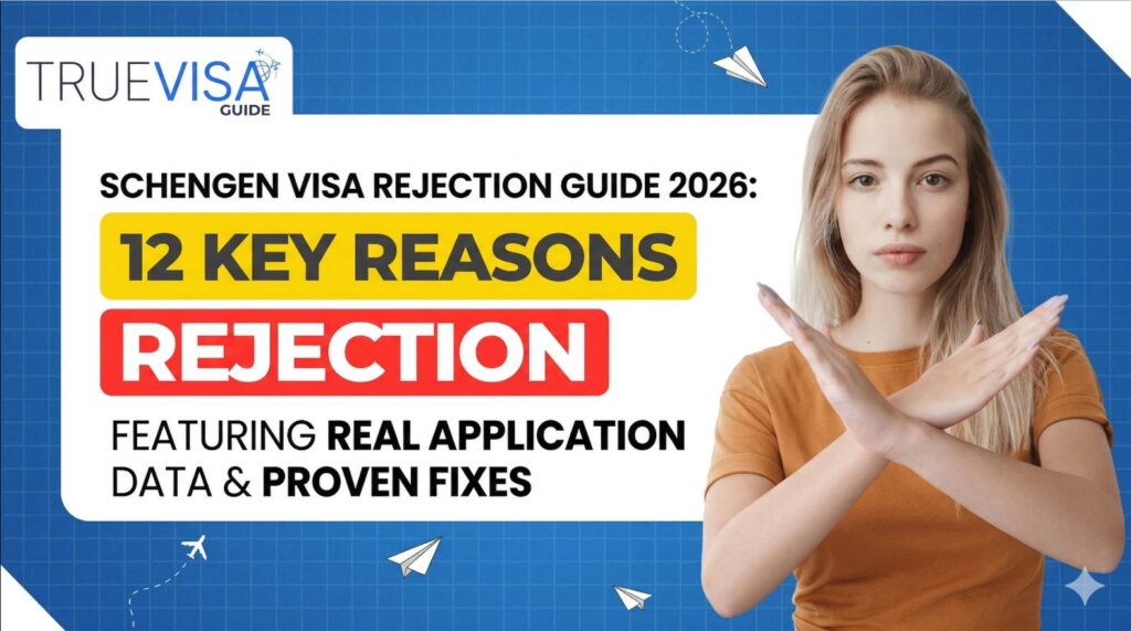 Schengen Visa Rejection Guide 2026 – 12 Key Reasons & Solutions Image showing Schengen visa rejection guide 2026 with 12 key reasons, application risks, and proven fixes for visa approval