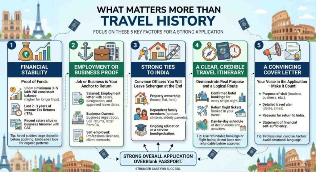 Key factors for strong visa application: funds, job, ties, itinerary, cover letter